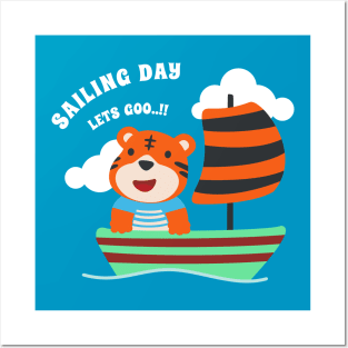 Funny tiger sailor cartoon vector on little boat with cartoon style. Posters and Art